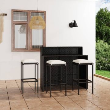 Set mobilier bar de grădină cu perne, 4 piese, negru