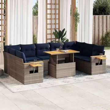 Set mobilier de grădină cu perne, 10 piese, gri, poliratan