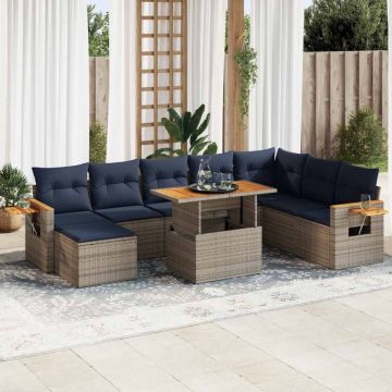 Set mobilier de grădină cu perne, 10 piese, gri, poliratan