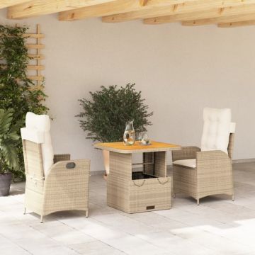 Set mobilier de grădină cu perne, 3 piese, bej, poliratan