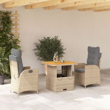 Set mobilier de grădină cu perne, 3 piese, bej, poliratan