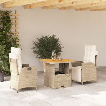 Set mobilier de grădină cu perne, 3 piese, bej, poliratan