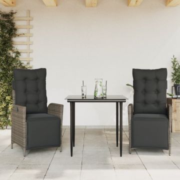 Set mobilier de grădină cu perne, 3 piese, gri, poliratan