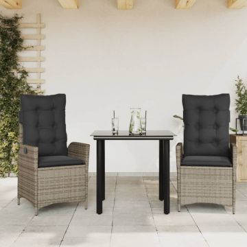Set mobilier de grădină cu perne, 3 piese, gri, poliratan
