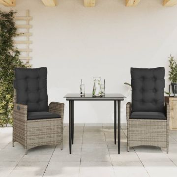 Set mobilier de grădină cu perne, 3 piese, gri, poliratan