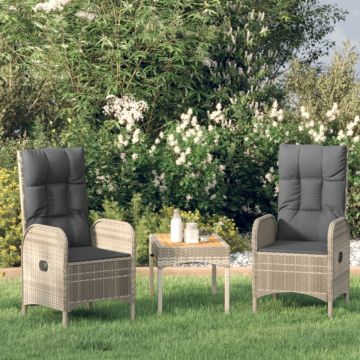 Set mobilier de grădină cu perne, 3 piese, gri, poliratan