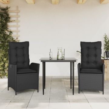 Set mobilier de grădină cu perne, 3 piese, negru, poliratan