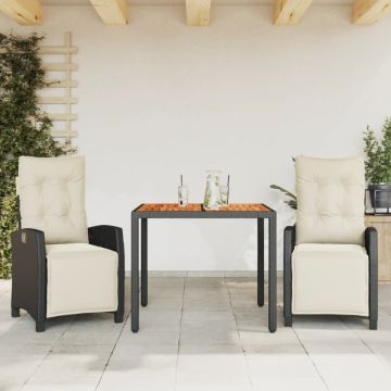 Set mobilier de grădină cu perne, 3 piese, negru, poliratan