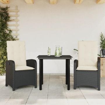 Set mobilier de grădină cu perne, 3 piese, negru, poliratan