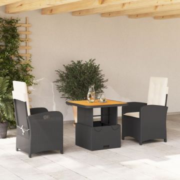 Set mobilier de grădină cu perne, 3 piese, negru, poliratan