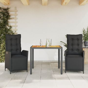 Set mobilier de grădină cu perne, 3 piese, negru, poliratan