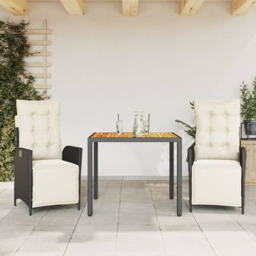 Set mobilier de grădină cu perne, 3 piese, negru, poliratan