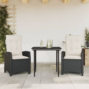 Set mobilier de grădină cu perne, 3 piese, negru, poliratan