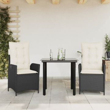 Set mobilier de grădină cu perne, 3 piese, negru, poliratan