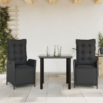 Set mobilier de grădină cu perne, 3 piese, negru, poliratan
