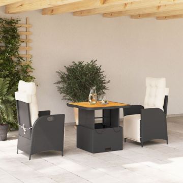 Set mobilier de grădină cu perne, 3 piese, negru, poliratan