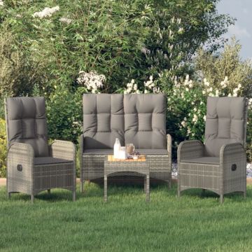 Set mobilier de grădină cu perne, 4 piese, gri, poliratan