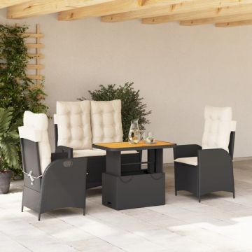 Set mobilier de grădină cu perne, 4 piese, negru, poliratan
