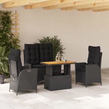Set mobilier de grădină cu perne, 4 piese, negru, poliratan