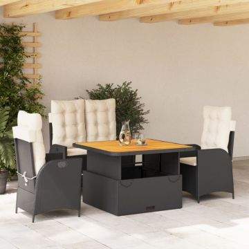 Set mobilier de grădină cu perne, 4 piese, negru, poliratan