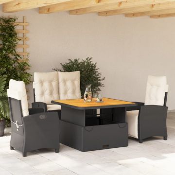Set mobilier de grădină cu perne, 4 piese, negru, poliratan