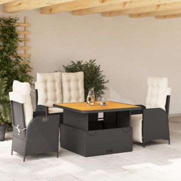 Set mobilier de grădină cu perne, 4 piese, negru, poliratan