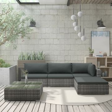 Set mobilier de grădină cu perne, 5 piese, gri, poliratan