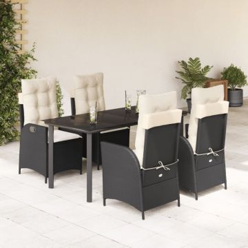 Set mobilier de grădină cu perne, 5 piese, negru, poliratan