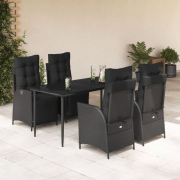 Set mobilier de grădină cu perne, 5 piese, negru, poliratan
