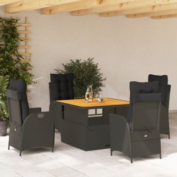 Set mobilier de grădină cu perne, 5 piese, negru, poliratan