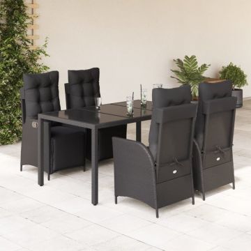 Set mobilier de grădină cu perne, 5 piese, negru, poliratan