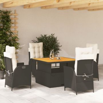 Set mobilier de grădină cu perne, 5 piese, negru, poliratan