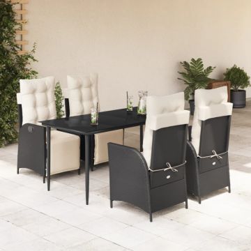 Set mobilier de grădină cu perne, 5 piese, negru, poliratan