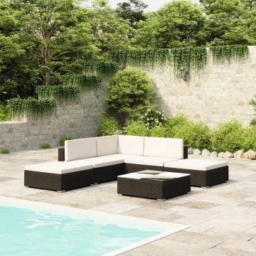 Set mobilier de grădină cu perne, 6 piese, negru, poliratan