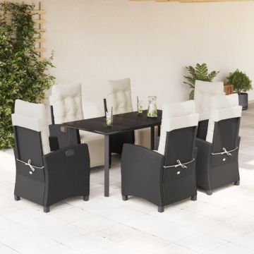 Set mobilier de grădină cu perne, 7 piese, negru, poliratan