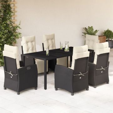 Set mobilier de grădină cu perne, 7 piese, negru, poliratan