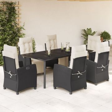 Set mobilier de grădină cu perne, 7 piese, negru, poliratan