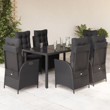 Set mobilier de grădină cu perne, 7 piese, negru, poliratan