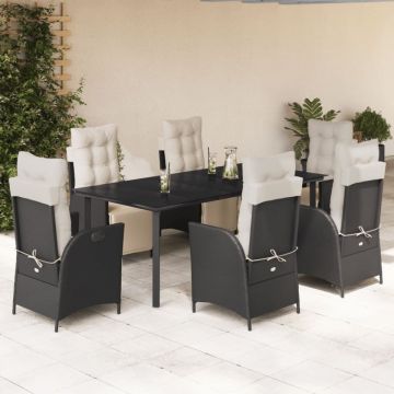 Set mobilier de grădină cu perne, 7 piese, negru, poliratan