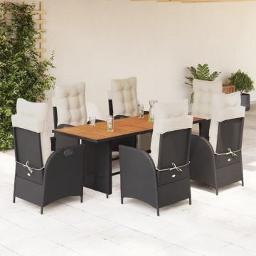 Set mobilier de grădină cu perne, 7 piese, negru, poliratan