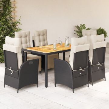 Set mobilier de grădină cu perne, 7 piese, negru, poliratan