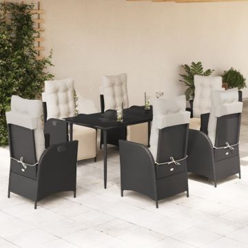 Set mobilier de grădină cu perne, 7 piese, negru, poliratan