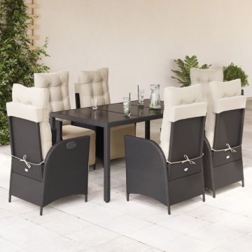 Set mobilier de grădină cu perne, 7 piese, negru, poliratan