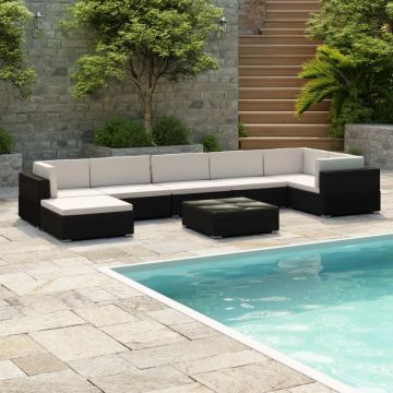 Set mobilier de grădină cu perne, 8 piese, negru, poliratan