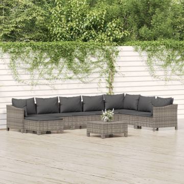 Set mobilier de grădină cu perne, 9 piese, gri, poliratan