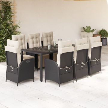 Set mobilier de grădină cu perne, 9 piese, negru, poliratan