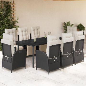 Set mobilier de grădină cu perne, 9 piese, negru, poliratan