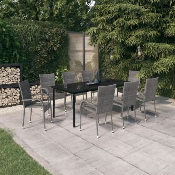 Set mobilier de grădină, gri și negru, 9 piese