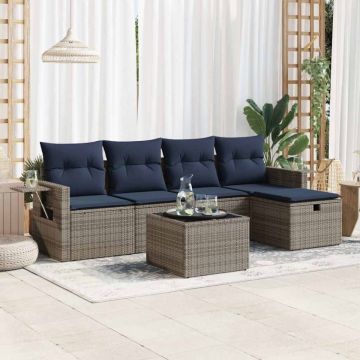 Set mobilier grădină cu perne, 6 piese, gri, poliratan