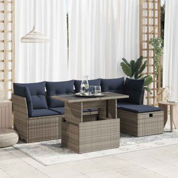 Set mobilier grădină cu perne 6 piese gri poliratan/lemn acacia